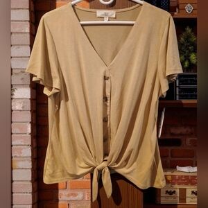 New Stitch Fix Pinques Yellow Green Buttom Tie Front Vneck Tshirt Womans XL